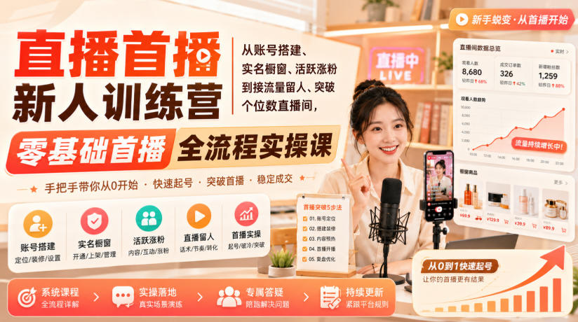 直播首播新人训练营｜从账号搭建、实名橱窗、活跃涨粉到接流量留人、突破个位数直播间，零基础首播全流程实操课-HEIXMI（中国站）