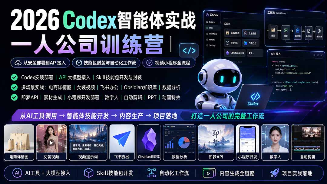 2026Codex智能体实战｜一人公司训练营｜从安装部署到API接入｜技能包封装与自动化工作流｜视频小程序全流程-HEIXMI（中国站）