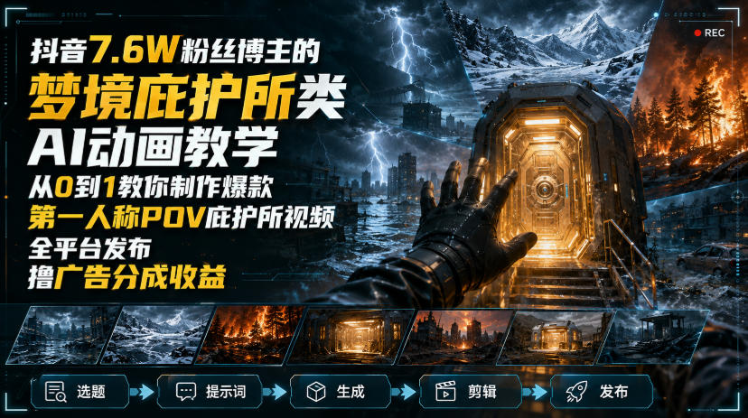 抖音7.6W粉丝博主的梦境庇护所类AI动画教学，从0到1教你制作爆款第一人称POV庇护所视频，全平台发布撸广告分成收益-HEIXMI（中国站）