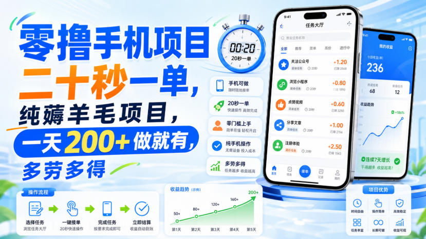 零撸手机项目，二十秒一单，纯薅羊毛项目，一天200+做就有，多劳多得【揭秘】-HEIXMI（中国站）