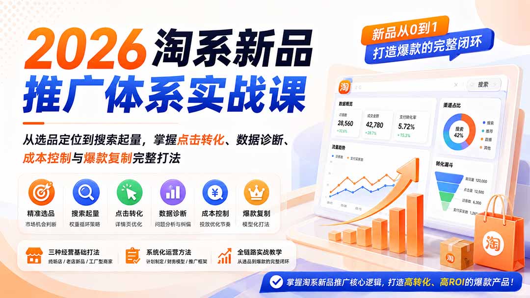 2026淘系新品推广体系实战课：从选品定位到搜索起量，掌握点击转化、数据诊断、成本控制与爆款复制完整打法-HEIXMI（中国站）