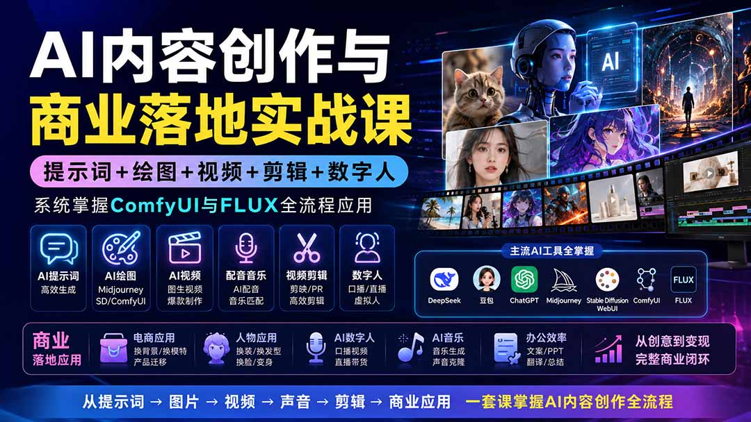 AI内容创作与商业落地实战课：提示词+绘图+视频+剪辑+数字人，系统掌握ComfyUI与FLUX全流程应用-HEIXMI（中国站）