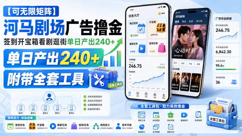 【可无限矩阵】河马剧场广告撸金，签到开宝箱看剧逛街单日产出240+，附带全套工具【揭秘】-HEIXMI（中国站）