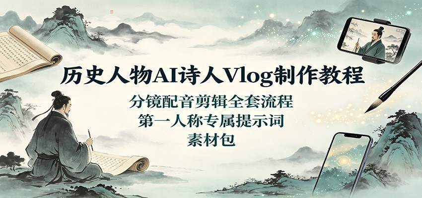 历史人物AI诗人Vlog制作教程：分镜配音剪辑全套流程，第一人称专属提示词素材包-HEIXMI（中国站）
