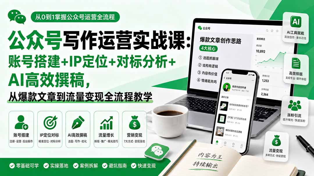 公众号写作运营实战课：账号搭建+IP定位+对标分析+AI高效撰稿，从爆款文章到流量变现全流程教学-HEIXMI（中国站）