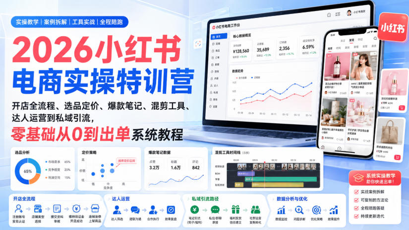 2026小红书电商实操特训营｜开店全流程、选品定价、爆款笔记、混剪工具、达人运营到私域引流，零基础从0到出单系统教程-HEIXMI（中国站）