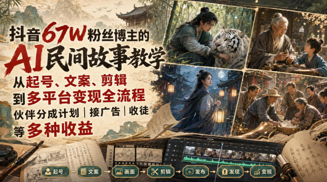 抖音67W粉丝博主的AI民间故事教学，从起号、文案、剪辑到多平台变现全流程，伙伴分成计划接广告等多种收益，月入1W+-HEIXMI（中国站）