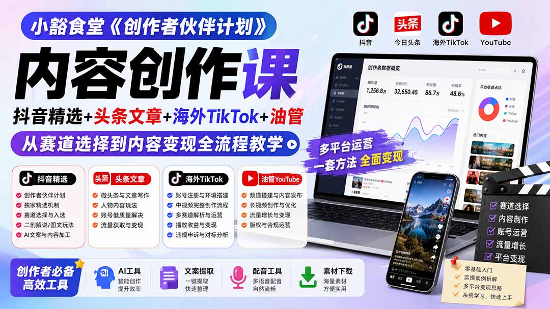 小豁食堂《创作者伙伴计划》内容创作课：抖音精选+头条文章+海外TikTok+油管，从赛道选择到内容变现全流程教学-HEIXMI（中国站）