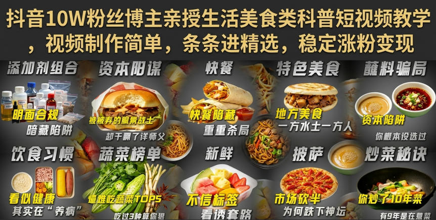 抖音10W粉丝博主亲授生活美食类科普短视频教学，视频制作简单，条条进精选，稳定涨粉变现-HEIXMI（中国站）