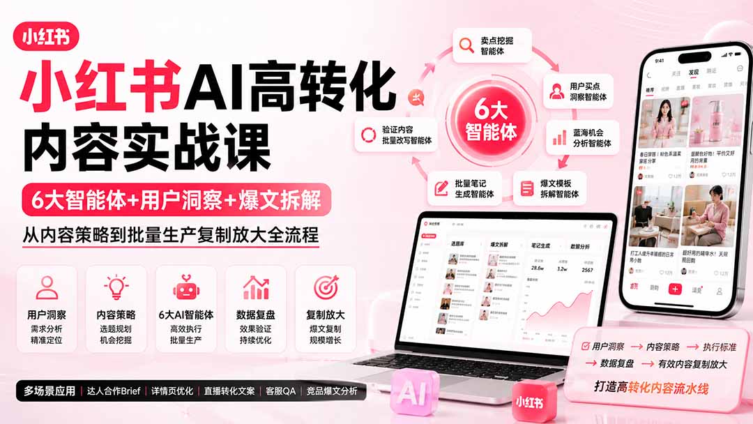 小红书AI高转化内容实战课：6大智能体+用户洞察+爆文拆解，从内容策略到批量生产复制放大全流程-HEIXMI（中国站）
