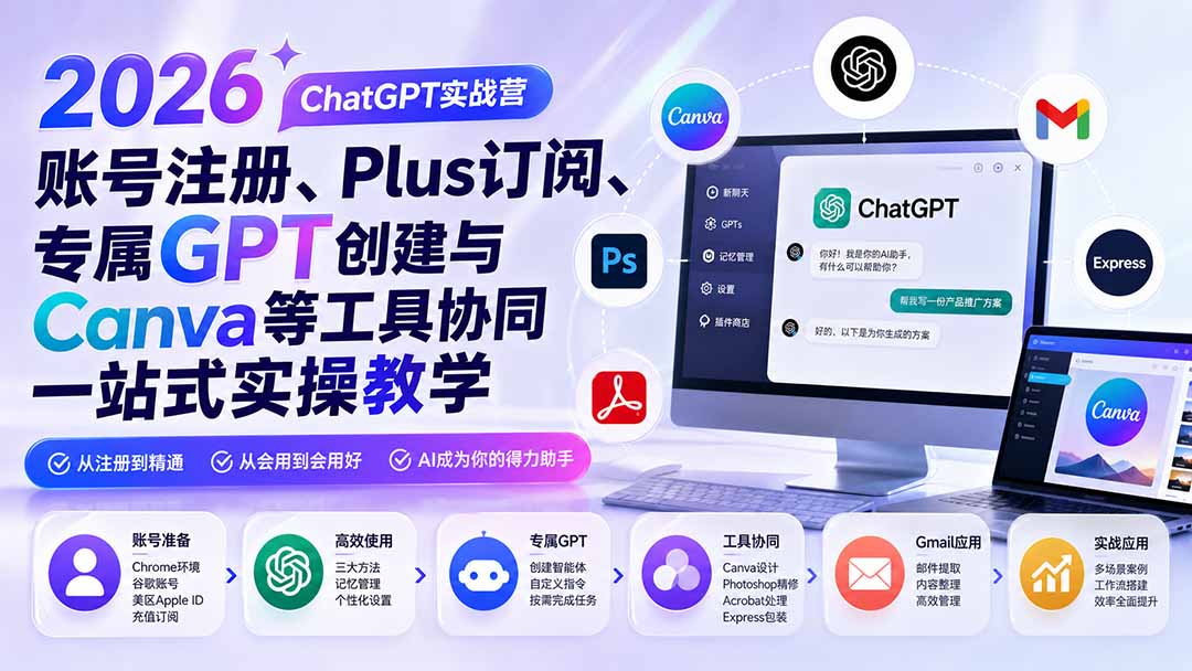 2026 ChatGPT实战营；账号注册、Plus订阅、专属GPT创建与Canva等工具协同一站式实操教学-HEIXMI（中国站）