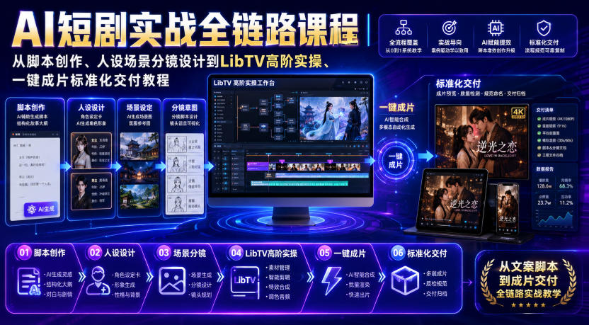 AI短剧实战全链路课程｜从脚本创作、人设场景分镜设计到LibTV高阶实操、一键成片标准化交付教程-HEIXMI（中国站）
