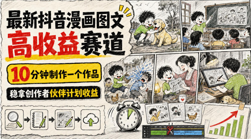 最新抖音漫画图文高收益赛道，10分钟制作一个作品，稳拿创作者伙伴计划收益-HEIXMI（中国站）