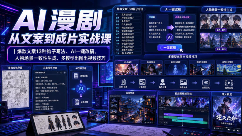 AI漫剧从文案到成片实战课｜爆款文案13种钩子写法、AI一键改稿、人物场景一致性生成、多模型出图出视频技巧-HEIXMI（中国站）