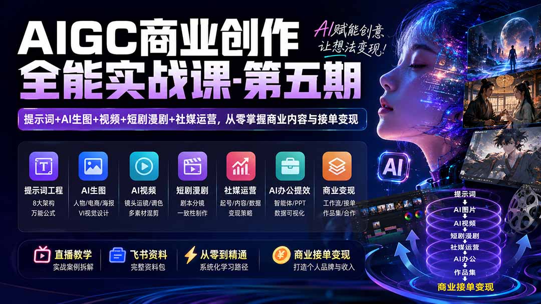 AIGC商业创作全能实战课-第五期：提示词+AI生图+视频+短剧漫剧+社媒运营，从零掌握商业内容与接单变现-HEIXMI（中国站）