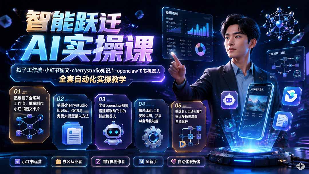 智能跃迁 AI实操课｜扣子工作流小红书图文搭建，cherrystudio知识库openclaw飞书机器人全套自动化实操教学-HEIXMI（中国站）