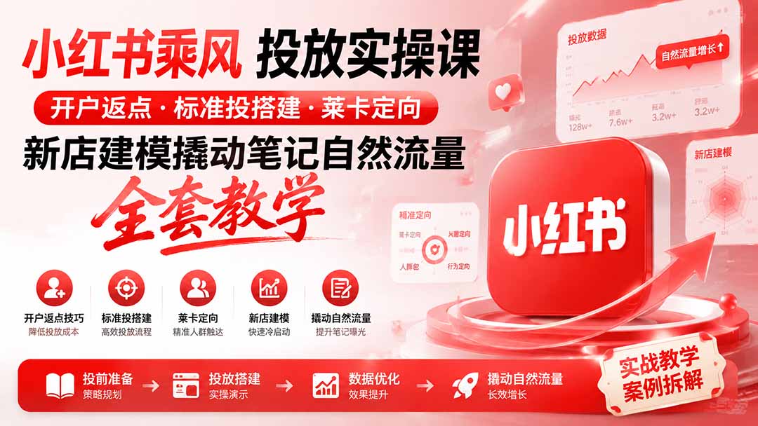 小红书乘风投放-100分钟实操课｜开户返点·标准投搭建·莱卡定向，新店建模撬动笔记自然流量全套教学-HEIXMI（中国站）