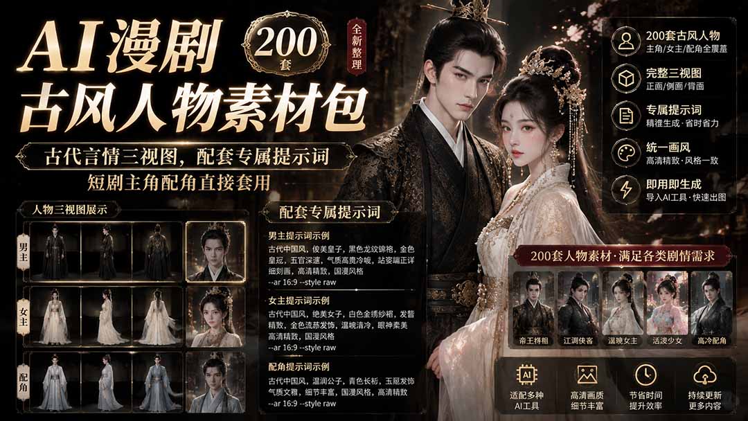 AI漫剧古风人物素材包+提示词｜200 套古代言情三视图，配套专属提示词短剧主角配角直接套用-HEIXMI（中国站）