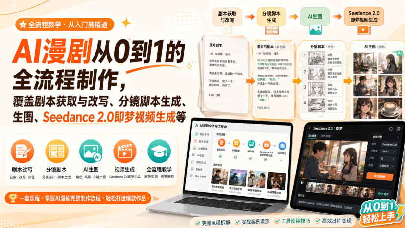 AI漫剧从0到1的全流程制作，覆盖剧本获取与改写、分镜脚本生成、角色场景生图与三视图、Seedance 2.0即梦视频生成(PDF版)-HEIXMI（中国站）