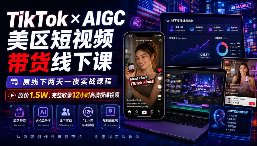 TikTok×AIGC美区短视频带货线下课，原线下两天一夜实战课程，原价1.5W，完整收录12小时高清授课视频-HEIXMI（中国站）