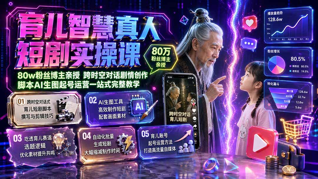 育儿智慧真人短剧实操课｜80w粉丝博主亲授，跨时空对话剧情创作，脚本AI生图起号运营一站式完整教学-HEIXMI（中国站）