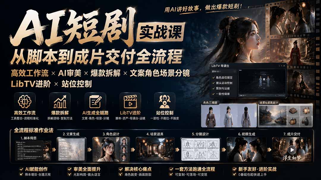 AI短剧实战课：高效工作流×AI审美×爆款拆解×文案角色场景分镜×LibTV进阶×站位控制×从脚本到成片交付全流程-HEIXMI（中国站）
