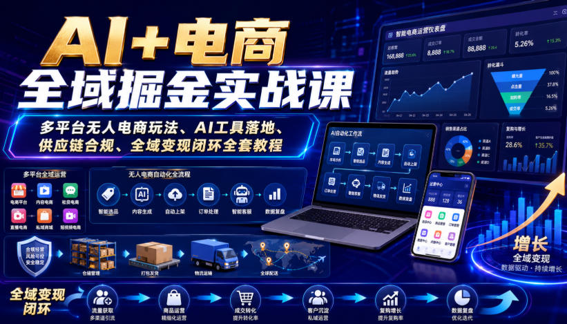 AI+电商全域掘金实战课｜多平台无人电商玩法、AI工具落地、供应链合规、全域变现闭环全套教程-HEIXMI（中国站）