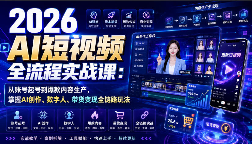 2026 AI短视频全流程实战课：从账号起号到爆款内容生产，掌握AI创作、数字人、带货变现全链路玩法-HEIXMI（中国站）