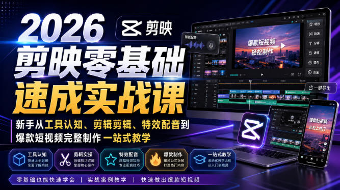 2026剪映零基础速成实战课｜新手从工具认知、剪辑剪辑、特效配音到爆款短视频完整制作一站式教学-HEIXMI（中国站）