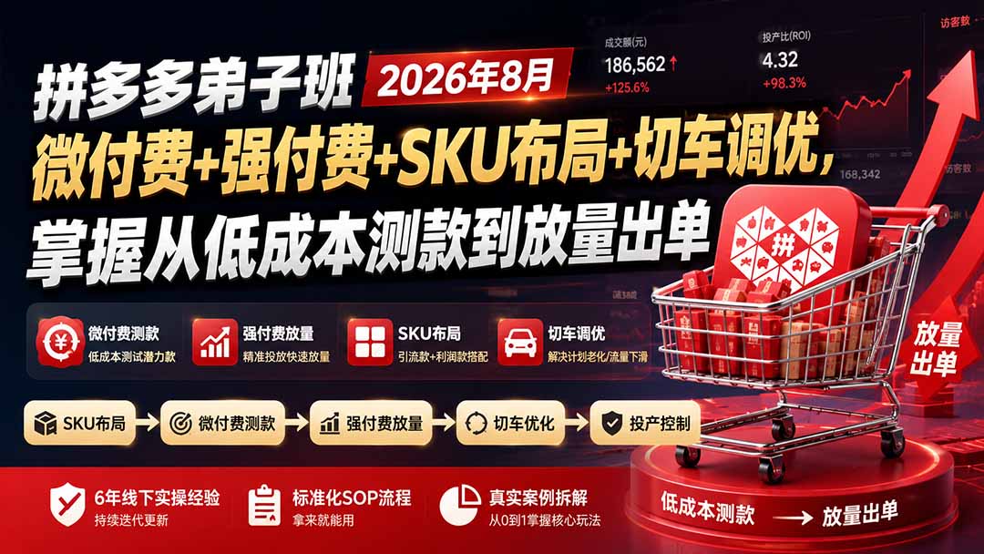 拼多多弟子班2026年8月：微付费+强付费+SKU布局+切车调优，掌握从低成本测款到放量出单-HEIXMI（中国站）