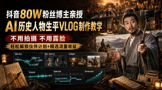 抖音80W粉丝博主的AI历史人物生平VLOG教学，不用拍摄不用露脸，AI帮你搞定，轻松解锁伙伴计划+精选收益-HEIXMI（中国站）
