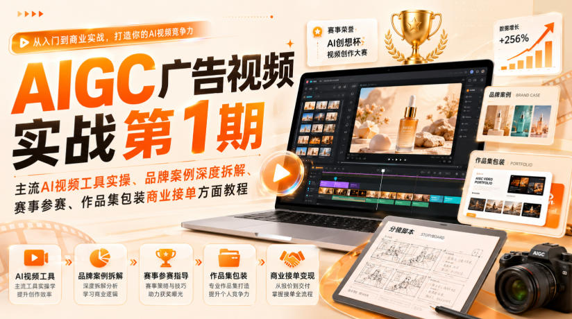 AIGC广告视频实战第1期,主流AI视频工具实操、品牌案例深度拆解、赛事参赛、作品集包装商业接单方面教程