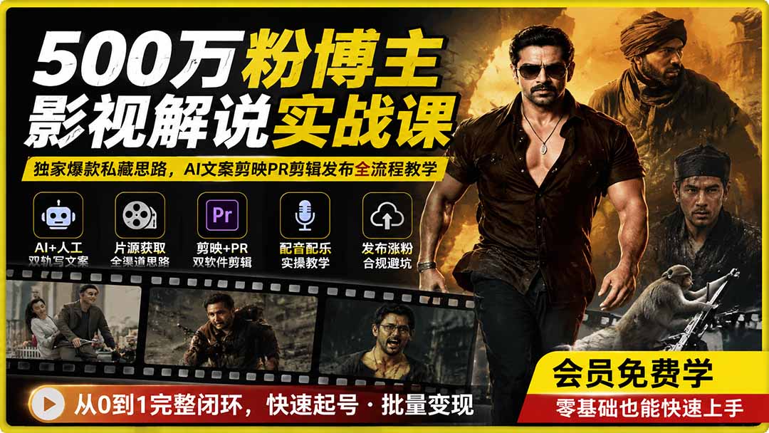 500万粉博主影视解说实战课｜独家爆款私藏思路，AI文案剪映PR剪辑发布全流程教学-HEIXMI（中国站）
