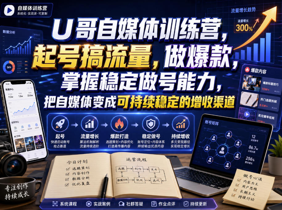 U哥自媒体训练营，起号搞流量，做爆款，掌握稳定做号能力，把自媒体变成可持续稳定的增收渠道-HEIXMI（中国站）
