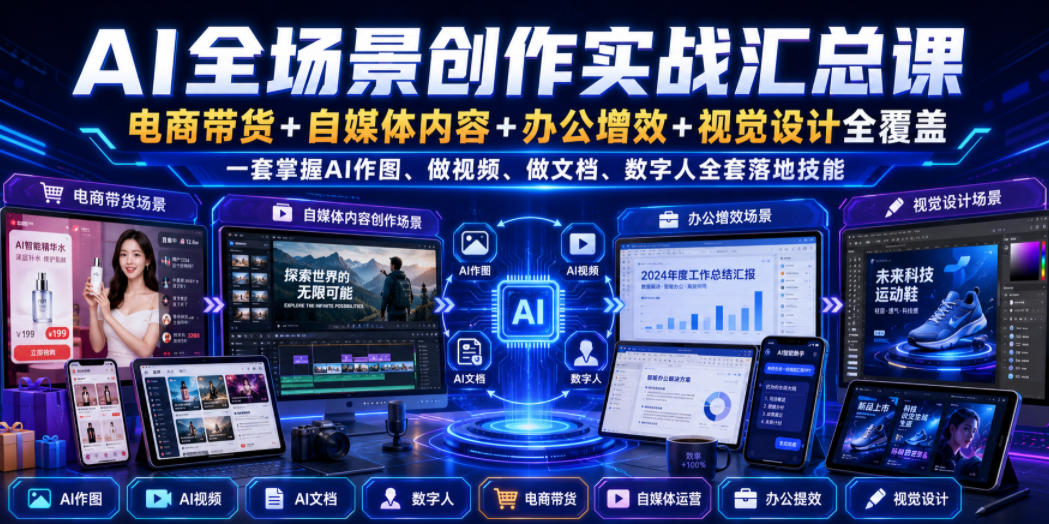 AI全场景创作实战汇总课｜电商带货+自媒体内容+办公增效+视觉设计全覆盖，一套掌握AI作图、做视频、做文档、数字人全套落地技能-HEIXMI（中国站）