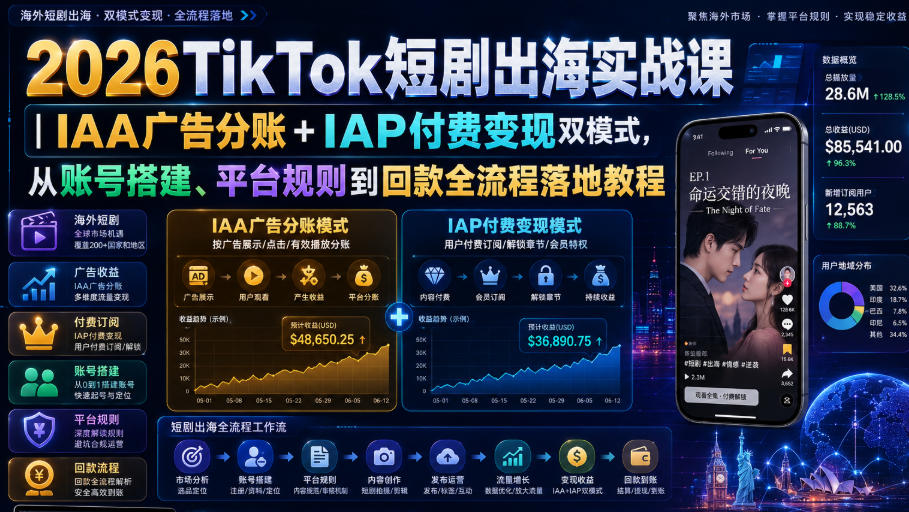 2026TikTok短剧出海实战课｜IAA广告分账+IAP付费变现双模式，从账号搭建、平台规则到回款全流程落地教程-HEIXMI（中国站）