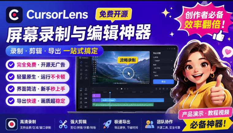 CursorLens免费开源录屏工具,支持自动缩放,教程视频录制必备神器