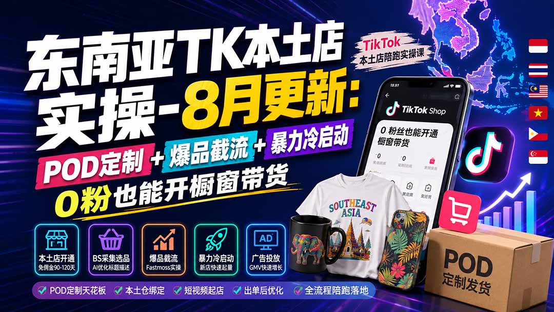 东南亚TK本土店实操-8月更新：POD定制+爆品截流+暴力冷启动，0粉也能开橱窗带货-HEIXMI（中国站）