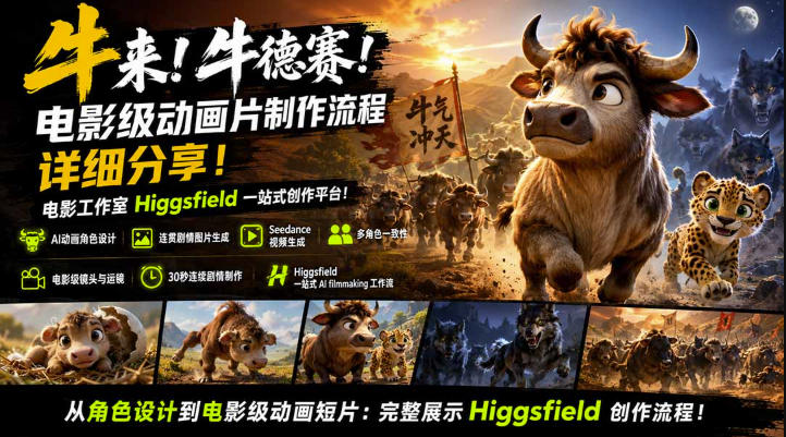 牛来！牛德赛！电影级动画片制作流程详细分享！电影工作室Higgsfield一站式创作平台，完整创作流程-HEIXMI（中国站）