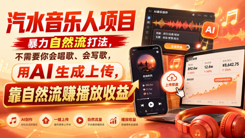 汽水音乐人项目,暴力自然流打法,不需要你会唱歌、会写歌,用AI生成上传,靠自然流賺播放收益