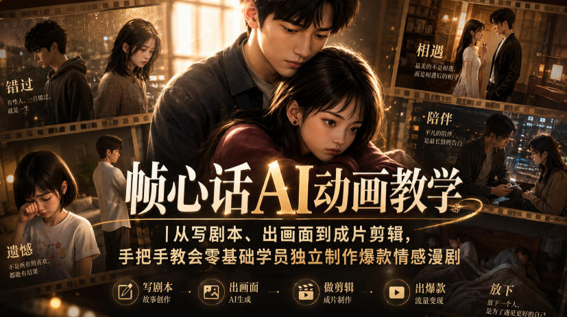 帧心话AI动画教学｜从写剧本、出画面到成片剪辑，手把手教会零基础学员独立制作爆款情感漫剧-HEIXMI（中国站）