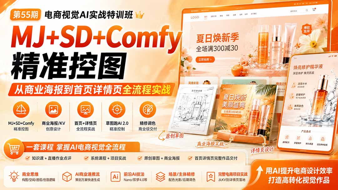 电商视觉 AI实战训练营第55期：MJ+SD+Comfy精准控图，从商业海报到首页详情页全流程实战-HEIXMI（中国站）