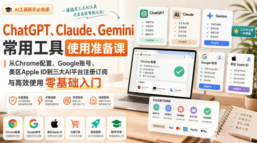 ChatGPT、Claude、Gemini常用工具使用准备课｜从Chrome配置、Google账号、美区Apple ID到三大AI平台注册订阅与高效使用零基础入门-HEIXMI（中国站）