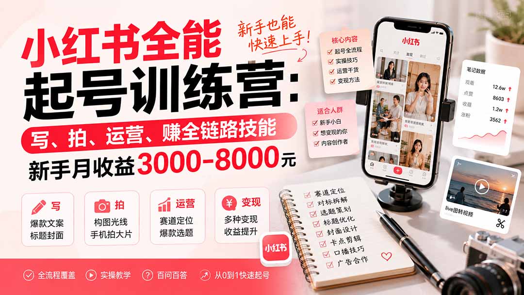 小红书全能起号训练营-更新：写、拍、运营、赚全链路技能，新手月收益3000-8000元-HEIXMI（中国站）