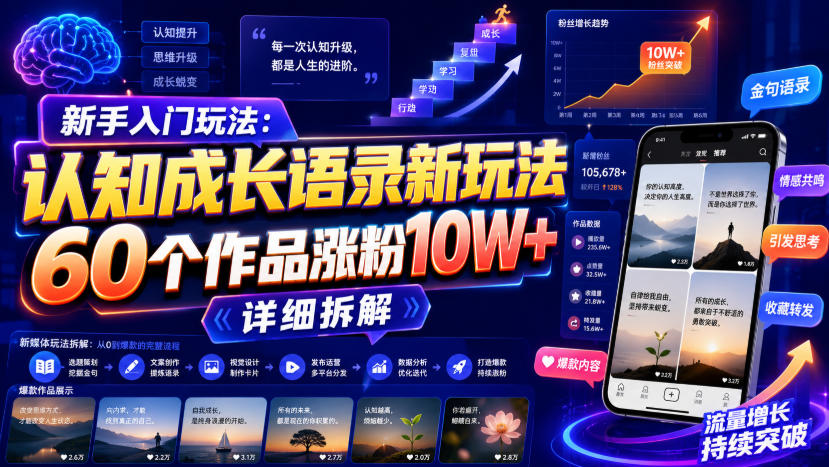 新手入门玩法：认知成长语录新玩法，60个作品涨粉10W+，详细拆解-HEIXMI（中国站）