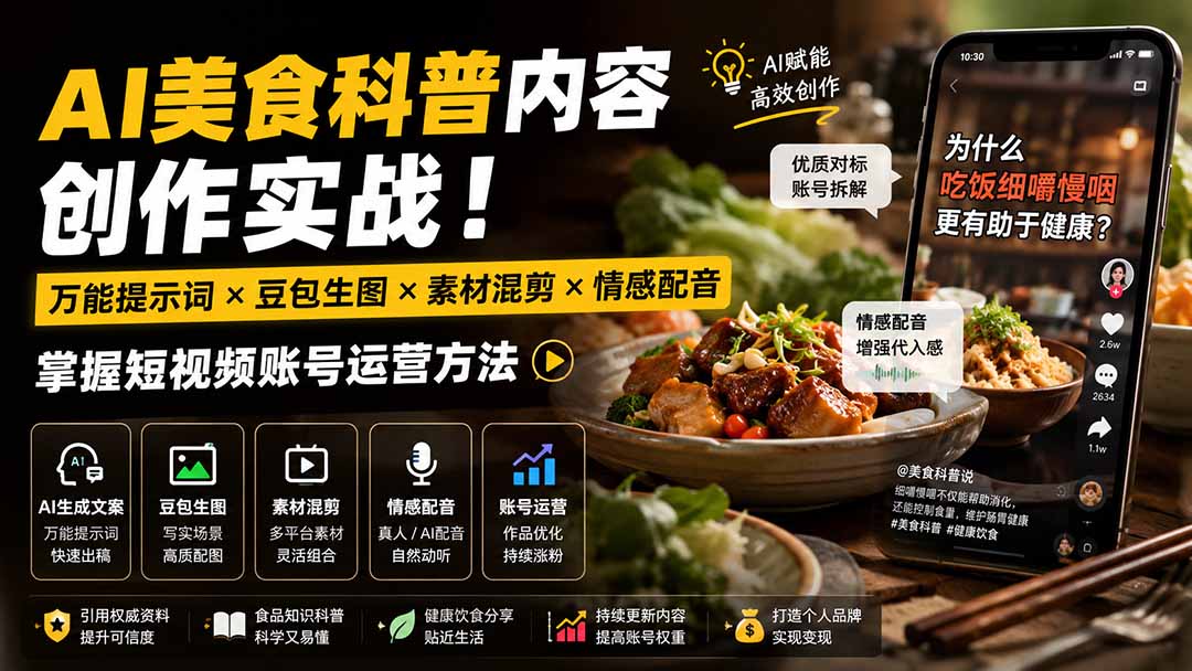 外面卖199元-AI美食科普内容创作实战！万能提示词×豆包生图×素材混剪×情感配音，掌握短视频账号运营方法-HEIXMI（中国站）