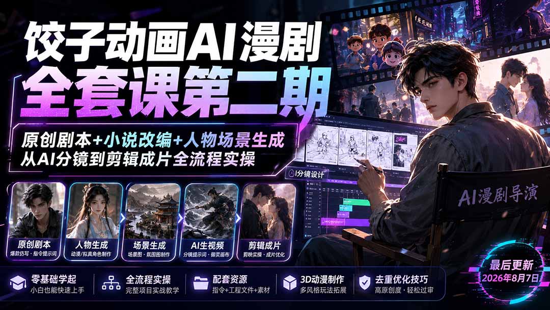 饺子动画AI漫剧全套课第二期：原创剧本+小说改编+人物场景生成，从AI分镜到剪辑成片全流程实操-HEIXMI（中国站）