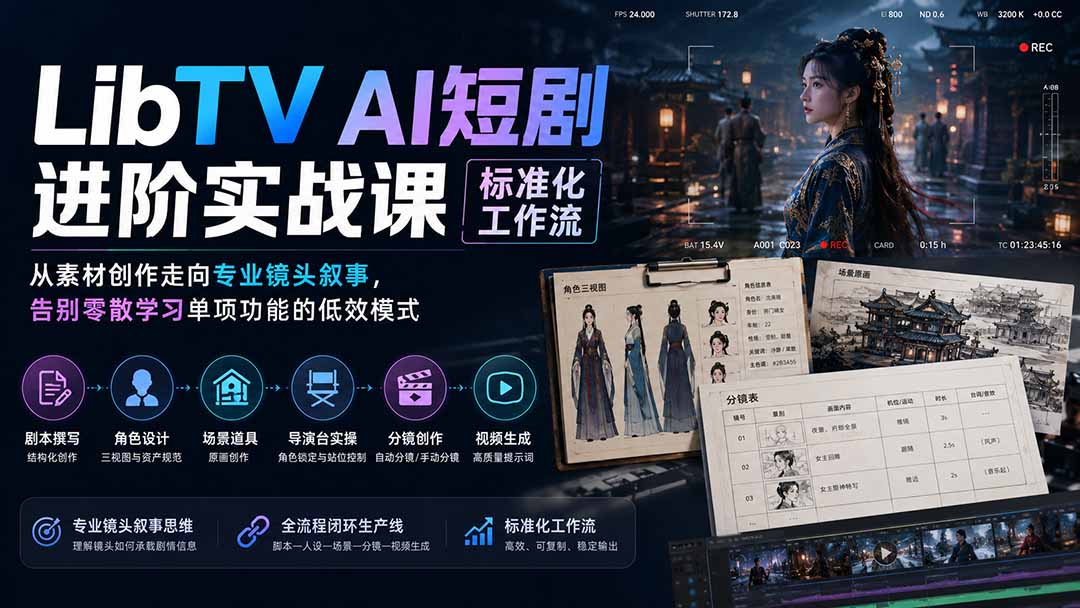 LibTV AI短剧进阶实操课标准化工作流；从素材创作走向专业镜头叙事，告别零散学习单项功能的低效模式-HEIXMI（中国站）