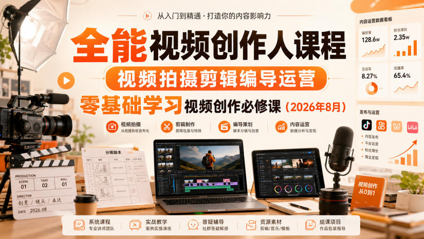 全能视频创作人课程，视频拍摄剪辑编导运营，零基础学习视频创作必修课(2026年8月)-HEIXMI（中国站）