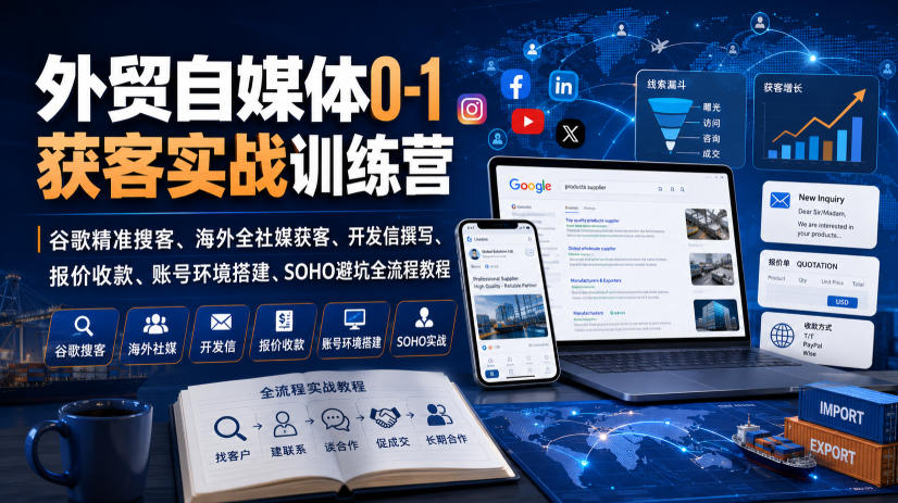 外贸自媒体0-1获客实战训练营｜谷歌精准搜客、海外全社媒获客、开发信撰写、报价收款、账号环境搭建、SOHO避坑全流程教程(更新)-HEIXMI（中国站）